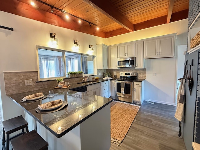 kitchen featuring stainless steel appliances, a sink, track lighting, dark wood-style flooring, and wooden ceiling