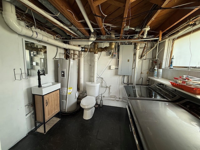interior space with water heater, a sink, and electric panel