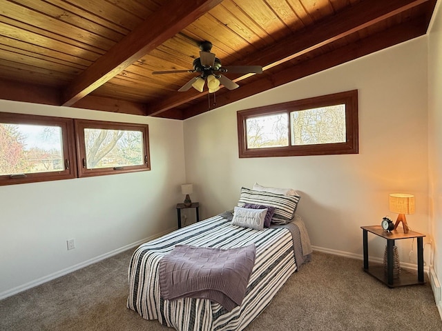 bedroom featuring wood ceiling, beam ceiling, carpet, and multiple windows