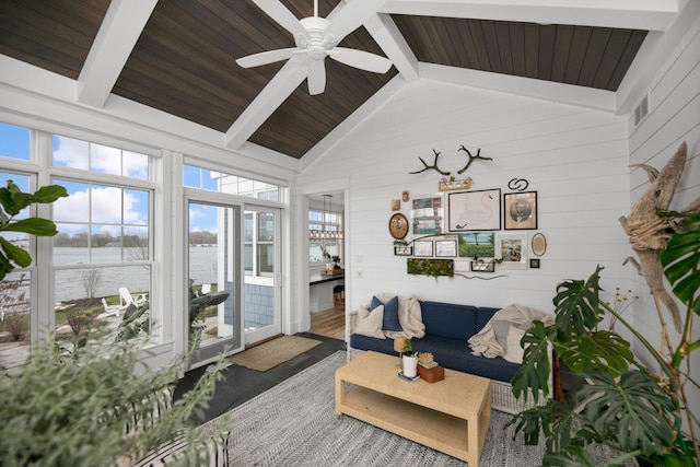 46815 Elizabeth Ln, Decatur, MI 49045 - sunroom with a water view, wood walls, wood finished floors, and wood ceiling
