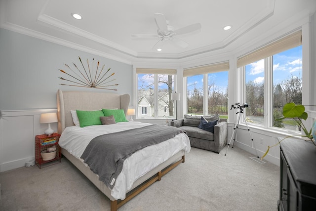 46815 Elizabeth Ln, Decatur, MI 49045 - bedroom with a raised ceiling, multiple windows, crown molding, light colored carpet, and recessed lighting