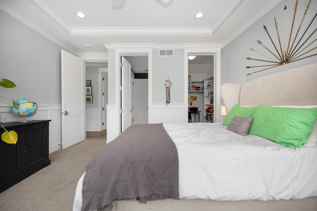 46815 Elizabeth Ln, Decatur, MI 49045 - carpeted bedroom with a wainscoted wall, crown molding, recessed lighting, and a chandelier