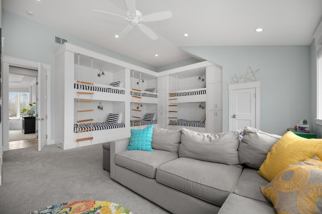 46815 Elizabeth Ln, Decatur, MI 49045 - living room with light carpet, ceiling fan, recessed lighting, and baseboards