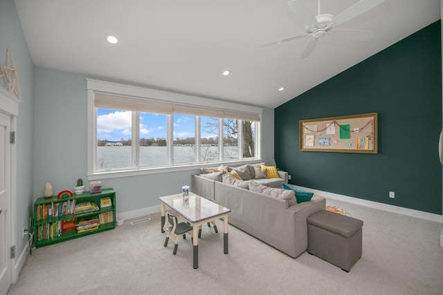 46815 Elizabeth Ln, Decatur, MI 49045 - living room with lofted ceiling, healthy amount of natural light, carpet flooring, recessed lighting, and a ceiling fan