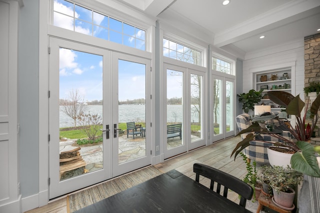 46815 Elizabeth Ln, Decatur, MI 49045 - sunroom / solarium featuring french doors, a water view, and beamed ceiling