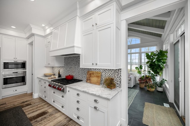 46815 Elizabeth Ln, Decatur, MI 49045 - kitchen with stainless steel appliances, white cabinets, tasteful backsplash, light stone counters, and recessed lighting