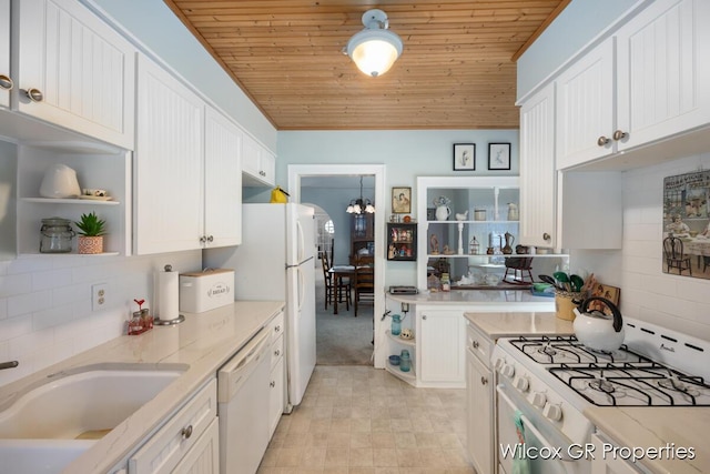 kitchen with open shelves, wooden ceiling, and white appliances