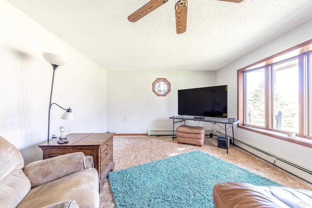 carpeted living area featuring a baseboard radiator, a textured ceiling, and a ceiling fan