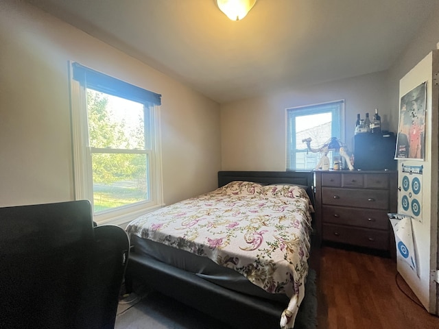 bedroom with dark wood-style flooring and multiple windows