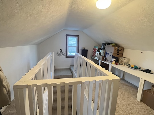 303 Sydelle Ave, Kalamazoo, MI 49006 - stairway featuring carpet, a textured ceiling, and lofted ceiling
