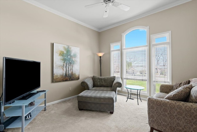 4435 Driftwood Dr, Commerce Twp, MI 48382 - carpeted living room featuring crown molding and a ceiling fan