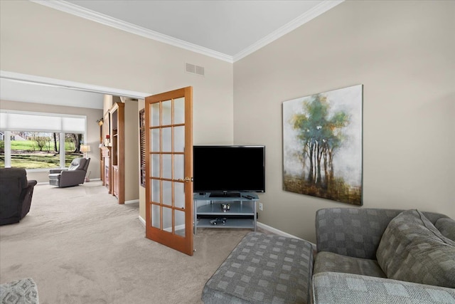 4435 Driftwood Dr, Commerce Twp, MI 48382 - living room with carpet flooring and crown molding
