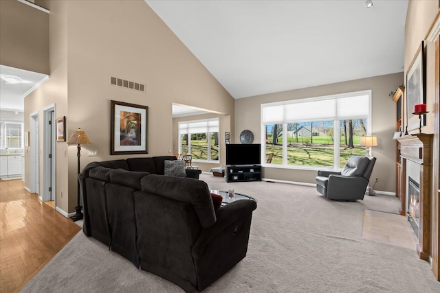 4435 Driftwood Dr, Commerce Twp, MI 48382 - living room with high vaulted ceiling and a fireplace with flush hearth