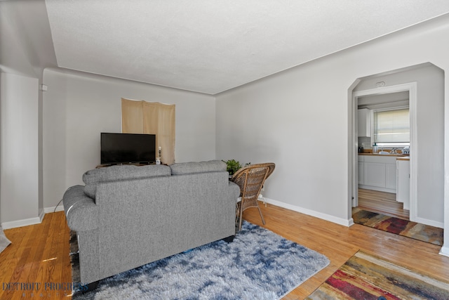 14725 Agnes Ave, Eastpointe, MI 48021 - living room with light wood finished floors, baseboards, and arched walkways