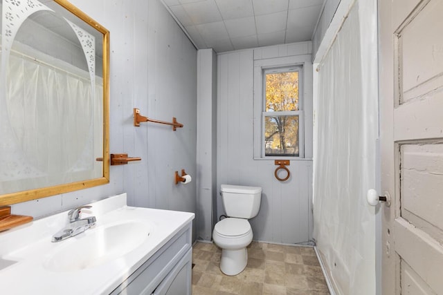 full bath featuring wooden walls, toilet, and vanity