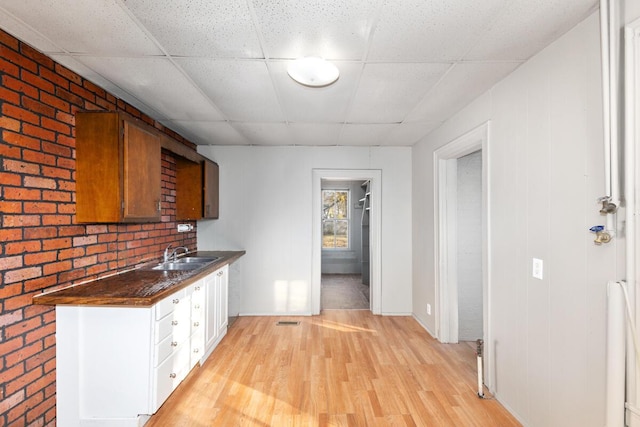 kitchen with dark countertops, a sink, a drop ceiling, and light wood-type flooring