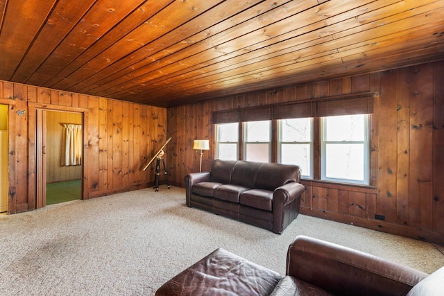 3931 S Shore Dr, Lapeer, MI 48446 - living room featuring wooden ceiling, wooden walls, and carpet
