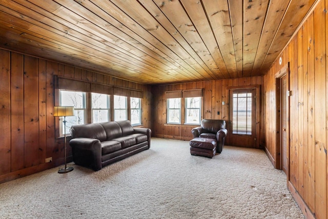 3931 S Shore Dr, Lapeer, MI 48446 - carpeted living room featuring wooden walls and wood ceiling
