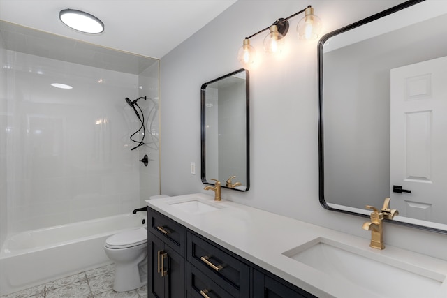 bathroom featuring shower / bathing tub combination, double vanity, toilet, and a sink