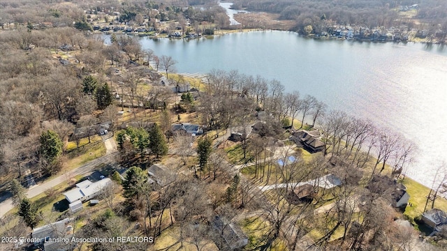 drone / aerial view featuring a water view