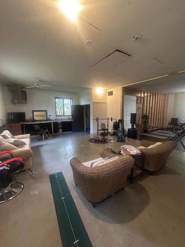 59650 White Wood Dr, Mattawan, MI 49071 - living room with attic access and ceiling fan