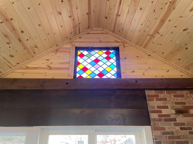 interior details with wood ceiling and wood walls