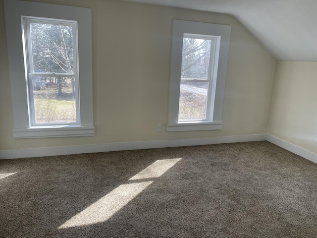 bonus room with lofted ceiling, a healthy amount of sunlight, and carpet flooring
