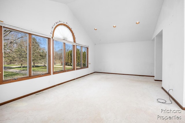 unfurnished room featuring recessed lighting, carpet floors, and baseboards