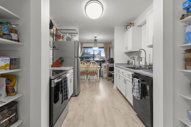 kitchen featuring backsplash, dishwashing machine, a sink, stainless steel electric stove, and white cabinetry