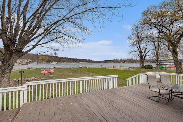wooden deck with a yard and a water view
