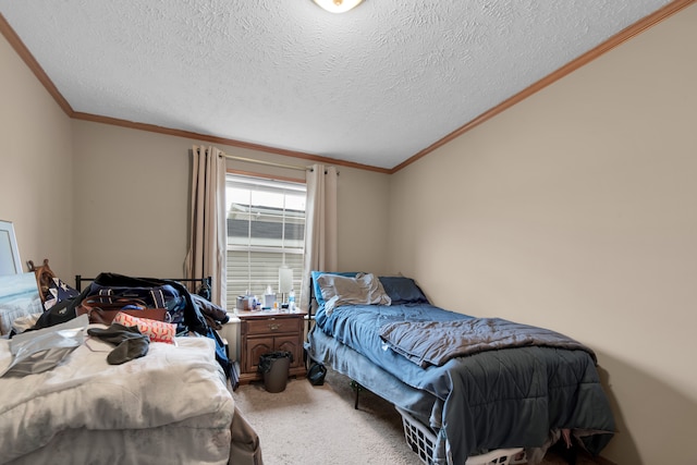 bedroom featuring vaulted ceiling, a textured ceiling, crown molding, and light carpet