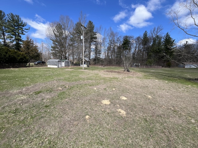 view of yard with an outdoor structure and a storage shed