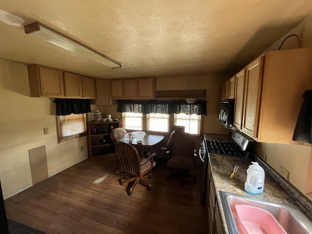 kitchen featuring dark wood-style flooring, a textured ceiling, range with gas stovetop, and a sink