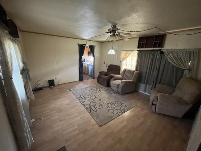 living room featuring wood finished floors and ceiling fan