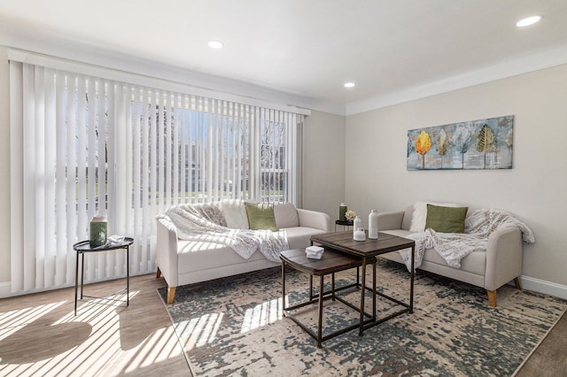 8911 Plainview Ave, Detroit, MI 48228 - living area featuring baseboards, wood finished floors, and recessed lighting