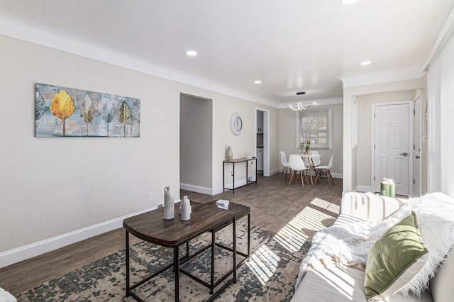 8911 Plainview Ave, Detroit, MI 48228 - living area with baseboards, wood finished floors, recessed lighting, and a notable chandelier