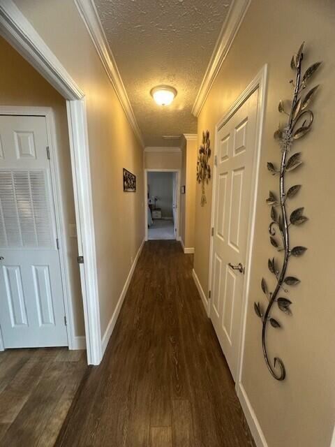 5652 Kingsley Dr NE, Rockford, MI 49341 - corridor featuring baseboards, a textured ceiling, dark wood-style floors, and ornamental molding