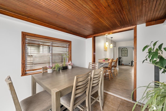 dining area with wood ceiling and light tile patterned flooring