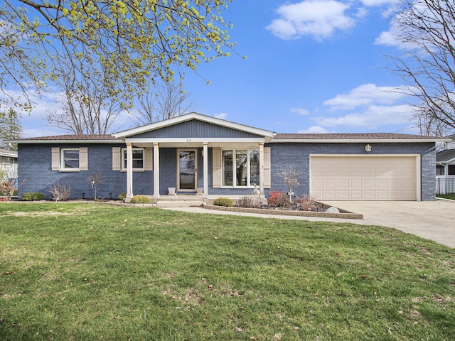 ranch-style home with an attached garage, driveway, a porch, brick siding, and a front yard