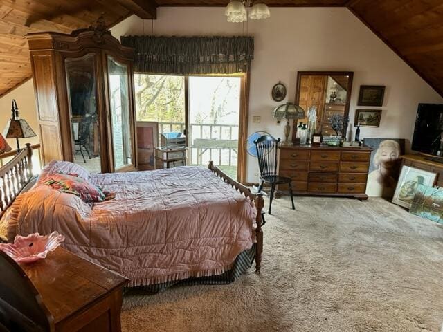 bedroom with vaulted ceiling with beams, carpet flooring, wooden ceiling, and access to exterior