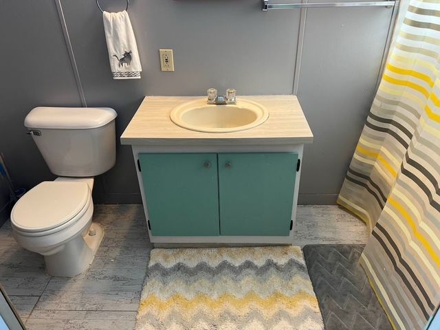 7006 Brides Bay Ct, Ira, MI 48023 - full bath featuring toilet, curtained shower, wood finished floors, and vanity