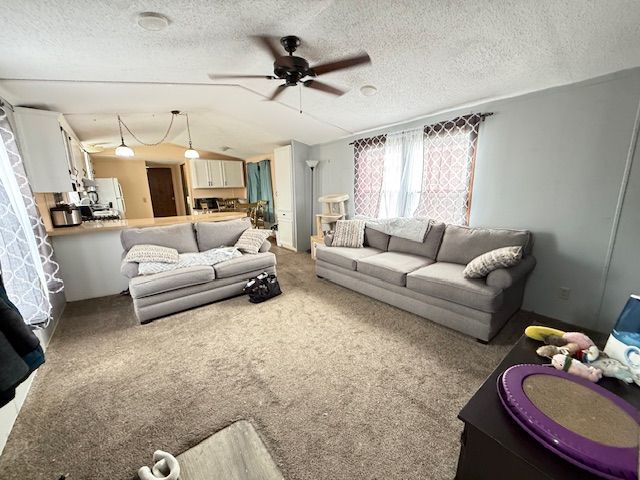 7006 Brides Bay Ct, Ira, MI 48023 - living area featuring a ceiling fan, carpet flooring, a textured ceiling, and lofted ceiling