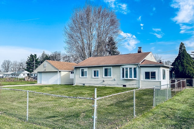 34038 Caseville Ct, Westland, MI 48186 - exterior space with a front lawn, a detached garage, a fenced backyard, and a chimney