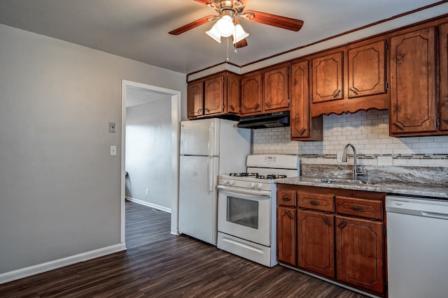 34038 Caseville Ct, Westland, MI 48186 - kitchen featuring a sink, backsplash, a ceiling fan, white appliances, and under cabinet range hood