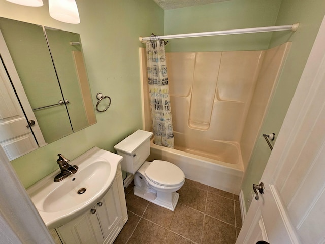 full bathroom with tile patterned floors, vanity, shower / bathtub combination with curtain, and toilet
