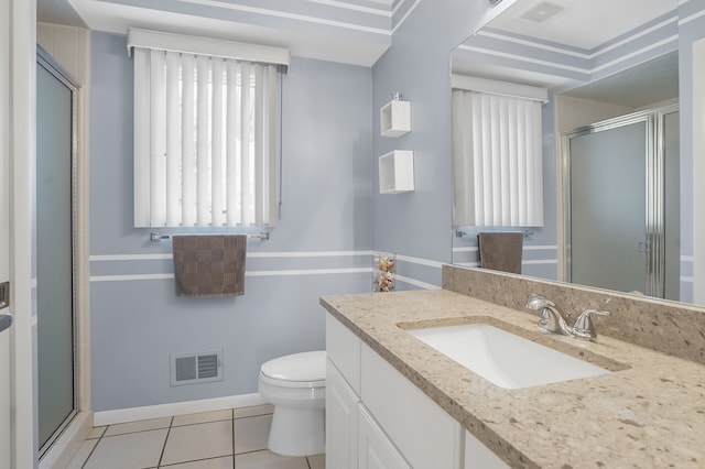 full bathroom featuring visible vents, tile patterned flooring, and a shower stall