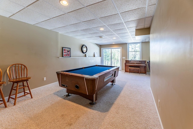 playroom featuring baseboards, billiards, a drop ceiling, and carpet