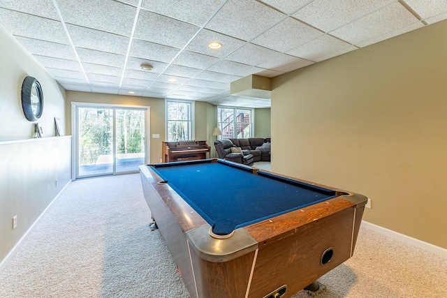 playroom featuring baseboards, carpet flooring, and billiards