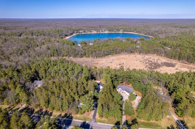 drone / aerial view with a wooded view and a water view