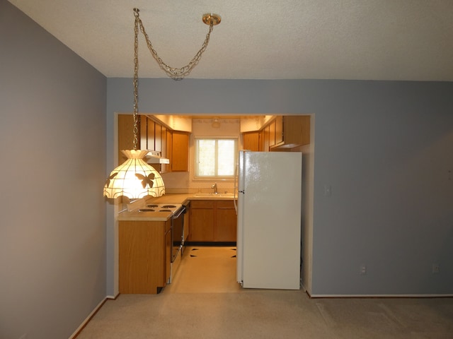 kitchen with electric stove, a sink, light countertops, under cabinet range hood, and freestanding refrigerator